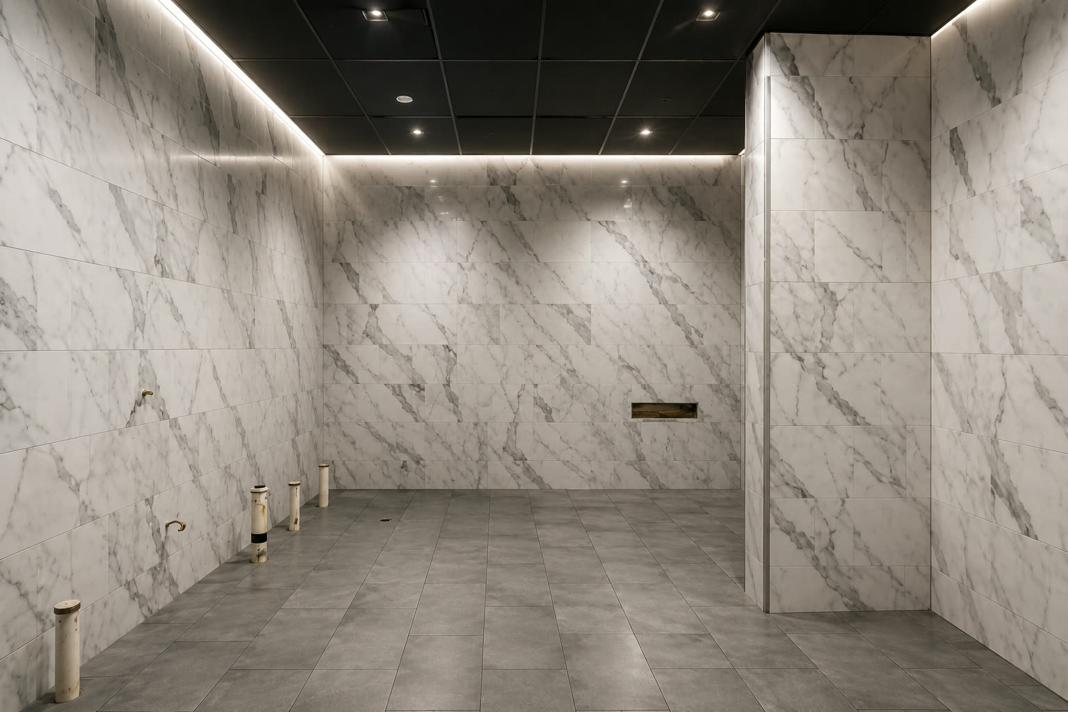Marble tiled wet room with linear drain