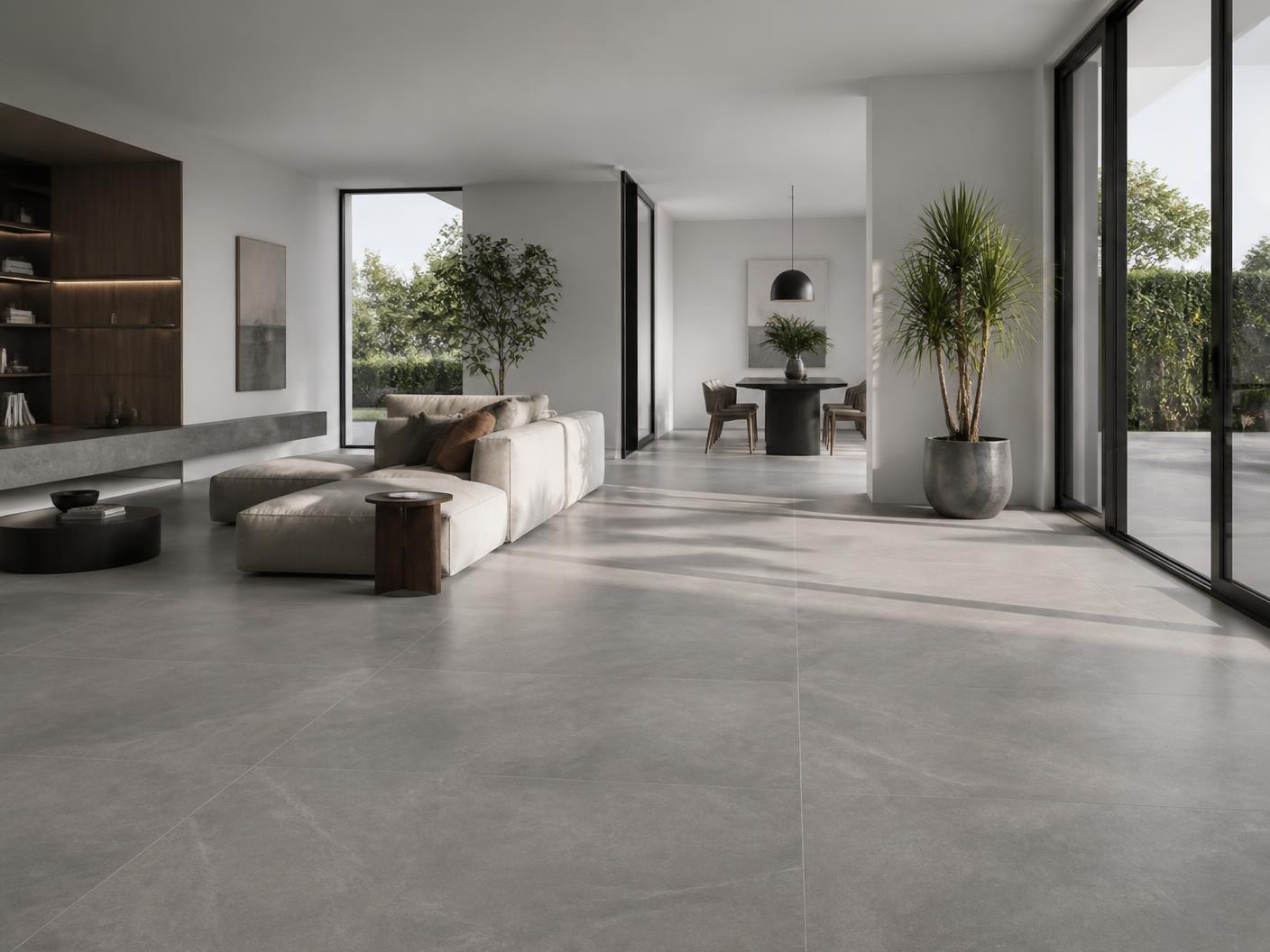Large-format grey porcelain tile floor in a minimalist living space
