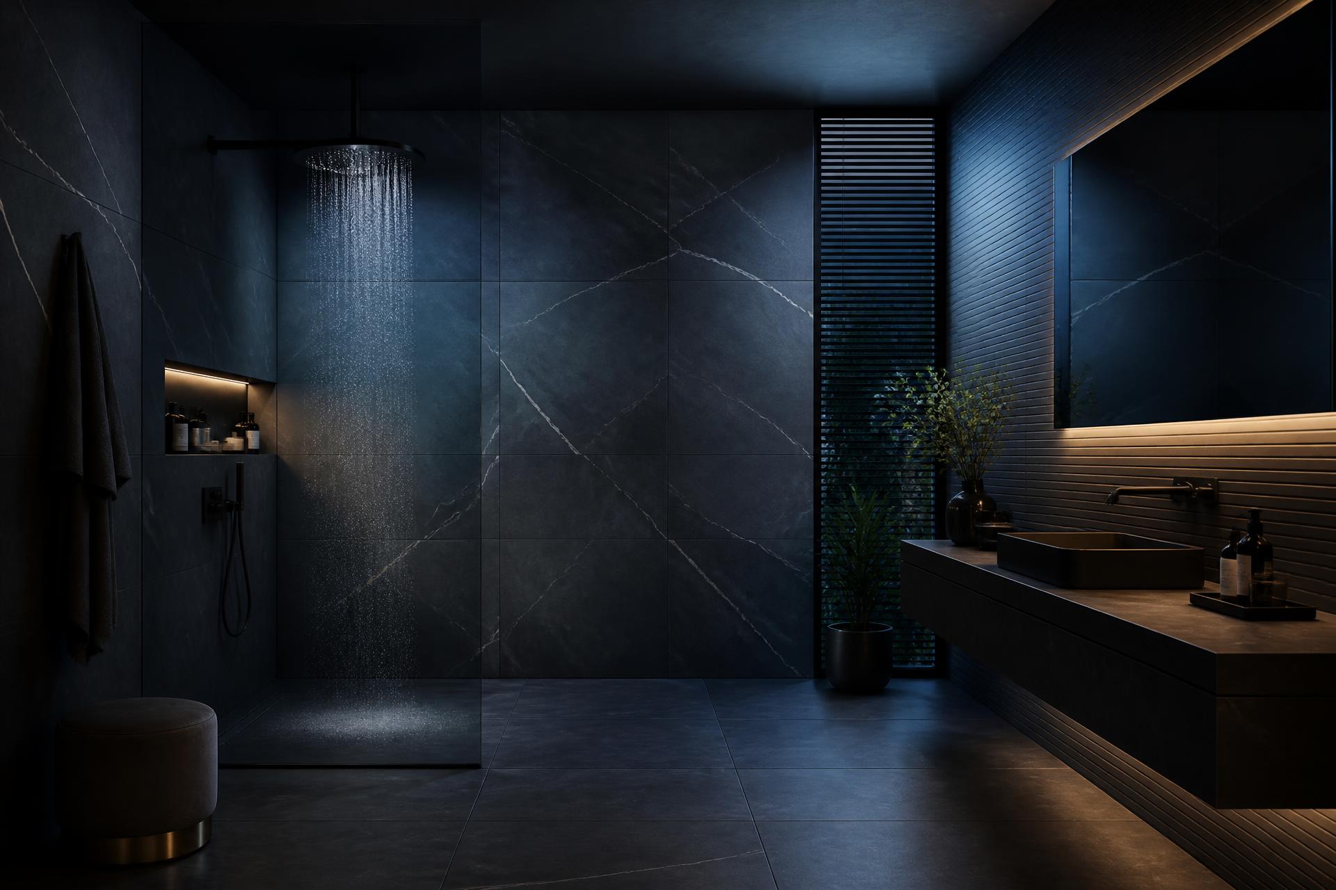 Dark luxury bathroom with large-format marble-look porcelain tile and a walk-in shower