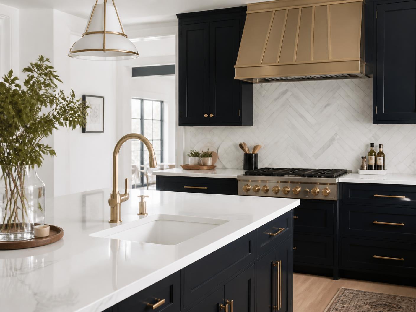 Luxury kitchen with herringbone marble backsplash and navy cabinetry